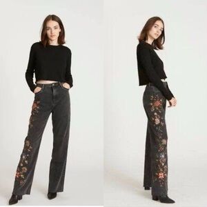 NWT Driftwood Chloe Floral Embroidered Black Wide-leg Jeans 28